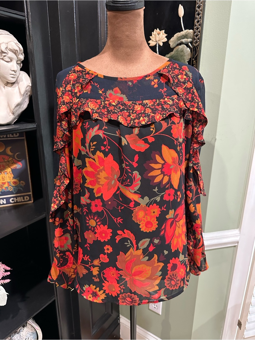 LOFT Floral Ruffle Blouse Petite Small Red Orange Boho Romantic Long Sleeve Top